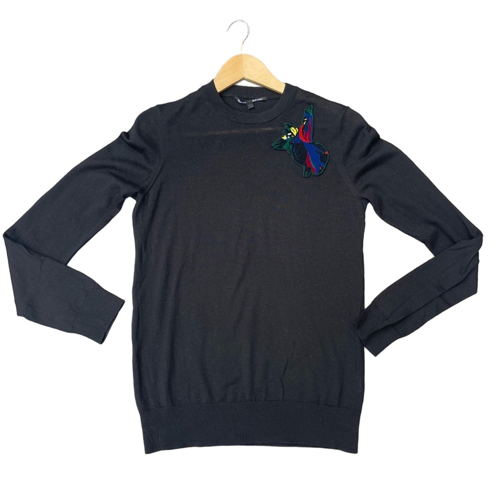 PROENZA SCHOULER WOOL LONG SLEEVE TOP Black Sweater with Colorful Embroidery